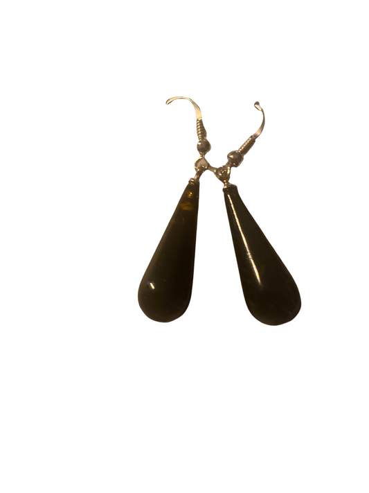 Black Amber Drop Dangle Earrings Sterling Silver